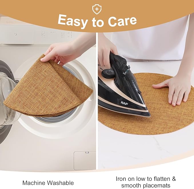 homing 15 Inch Round Cloth Placemats Set of 6, Cotton Linen Blend Washable Table Mats, Farmhouse Dining Place Mats for Indoors & Outdoors, Easy to Clean, Amber
