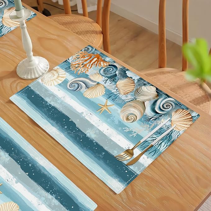 Ocean Seashell Placemats Set of 4, Beach Starfish Place Mats, Coastal Marine Life Waterproof Washable Table Mats for Home Party Indoor Kitchen Dining Table Decoration 12x18 Inch