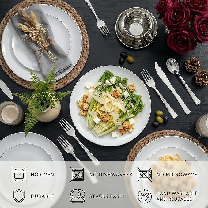 KIRE 100PCS Silver Plastic Plates - Heavy Duty White Disposable Plates with Silver Rim for Party/Wedding - Include 50Pcs 10.25inch Dinner Plates and 50Pcs 7.5inch Dessert Plates for Christmas