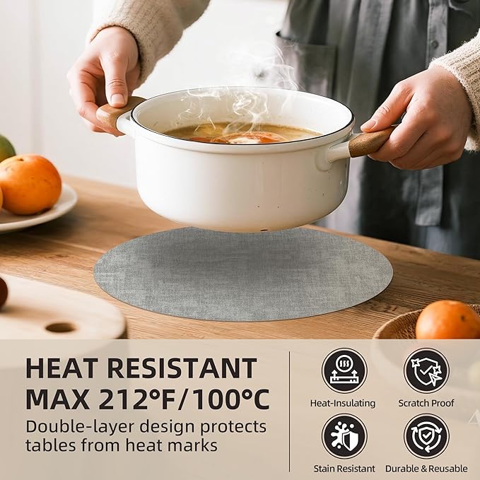 15 inch Faux Leather Round Placemats Set of 6 Non-Slip Washable Wipeable Table Mats, Heat Resistant Waterproof Oilproof Grey Place Mats for Kitchen, Dining, Party, Indoor, Outdoor