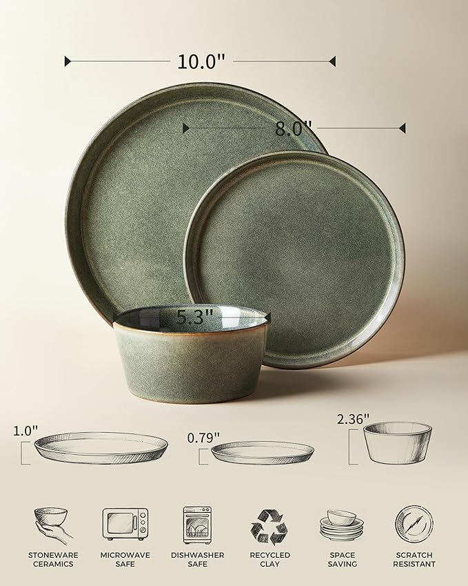 Dinnerware Sets, Microwave Safe Plates and Bowls Sets, Dishes Set for 4, Chip & Scratch Resistant Dinner Set, Reactive Glazed Farmhouse Dishware Sets, Green Wheat