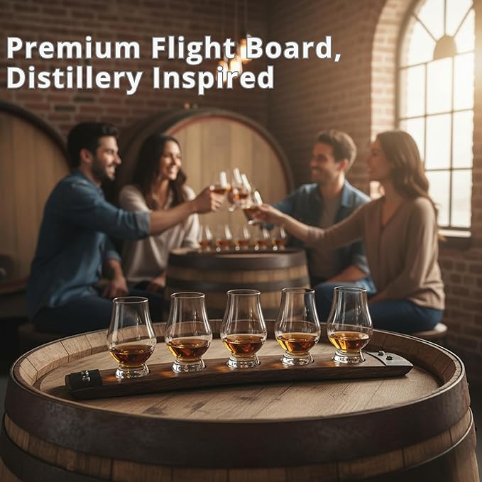 Barrel Stave Premium Whiskey Flight for use with 5 Glencairn Glasses. No Glasses Included, Dark Walnut