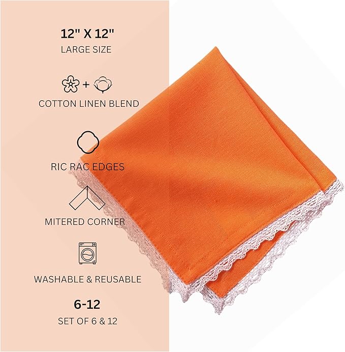 Fingercraft Dinner Cloth Napkin Cotton Linen Blend 12 Pack 12In Mitered Corners with Elegant Lace for Everyday Use Napkins Cloth are Pre Shrunk and Good Absorbency Rust