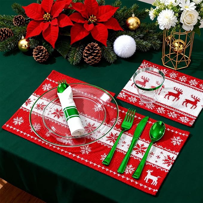 SUT 350 Pcs Green and Clear Plastic Dinnerware Set for 50 Guests, Include: 50 Dinner Plates, 50 Dessert Plates, 50 Pre Rolled Napkins With Silverware, 50 Cups, Disposable Plates for Party