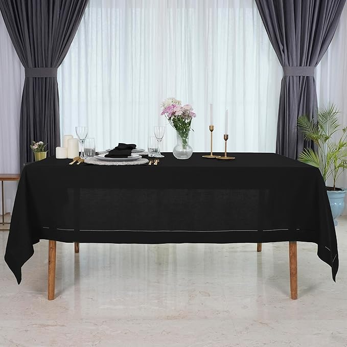 D'Moksha Homes Black Linen Tablecloth for Rectangle Tables 60 x 144 Inch - 100% Pure Linen Black Table Cloth - Classic Hemstitch, Machine Washable Dining Tablecloth for Spring, Easter