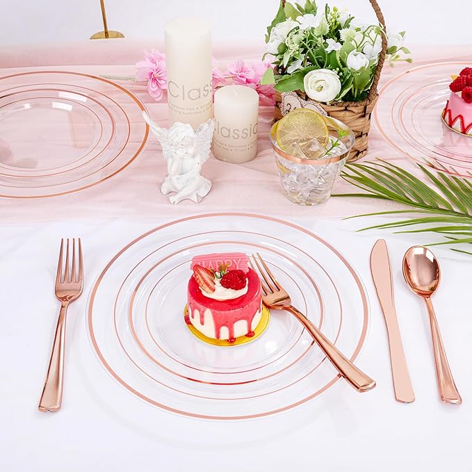 bUCLA 300PCS Rose Gold Plastic Dinnerware - Clear Dinnerware Set Disposable Include 50 Dinner Plates,50 Dessert Plates,50 Knives,50 Forks,50 Spoons,50 Cups for Party, Wedding & Valentines Day