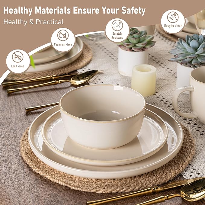 GBHOME Ceramic Dinnerware Sets for 4, 12 Pieces Stoneware Plates and Bowls Sets, Scratch Resistant Dishes, Dishwasher & Microwave Safe, Reactive Glaze-Vanilla color