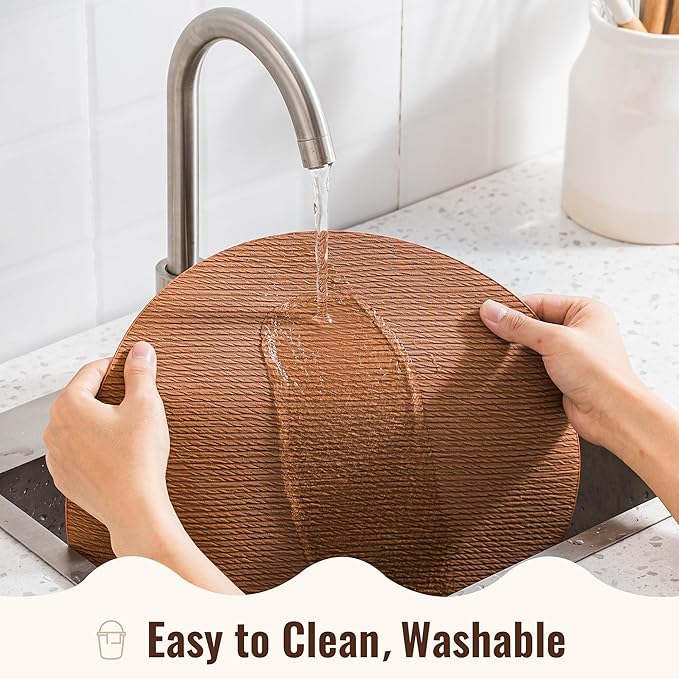 Jovono 15" Faux Leather Big Round Placemats Set of 4 - Washable Heat Resistant Non-Slip Dining Table Mats with Fabric Texture for Kitchen Home Party Decor, Brown
