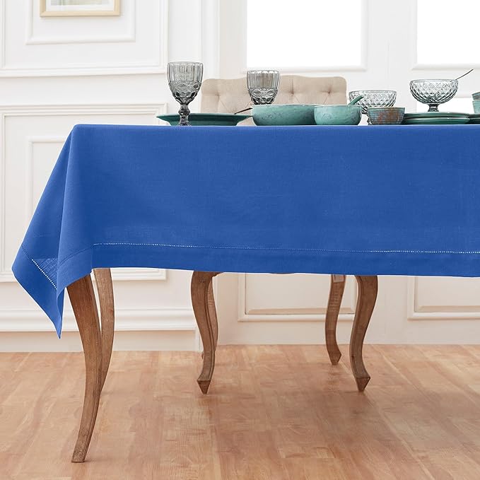 Solino Home Royal Blue Linen Tablecloth 60 x 144 Inch - 100% Pure Linen Hemstitch Table Cloth for Rectangle Tables - Classic Hemstitch, Machine Washable Tablecloth for Spring
