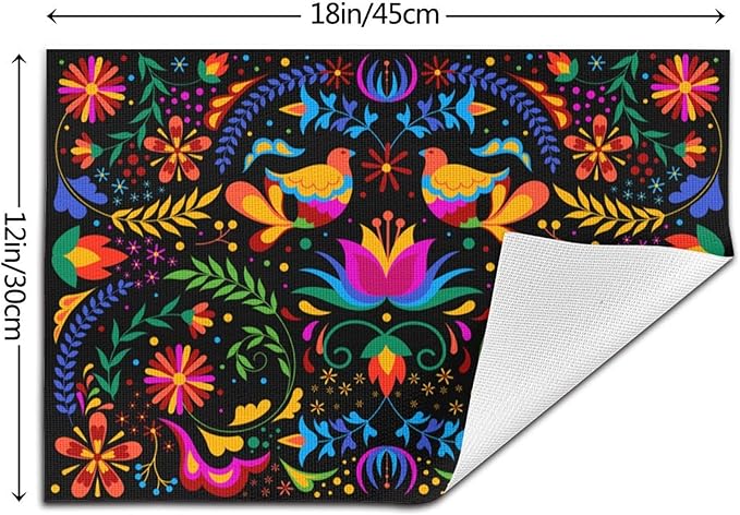Mexican Placemats Set of 4 Linen 12"x18" Mexican Flower Decorative Kitchen Table Mats for Dining Kitchen Party Home Decor Washable Place Mats