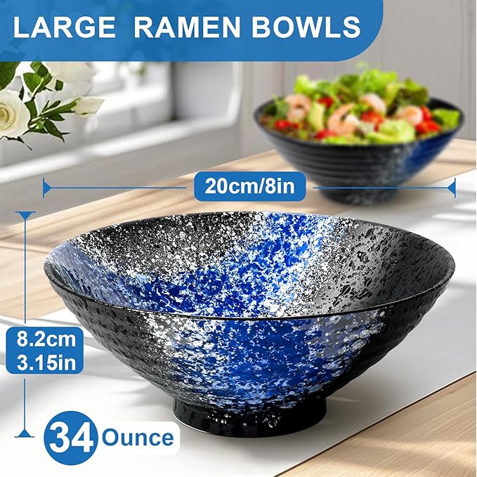 8-Inch Ceramic Ramen Bowl Set of 2 (9 Piece) - Porcelain Japanese Salad Noodles Cereal Fruit Pasta Soup Large Bowls with Recipes Chopsticks Forks Spoons for Men Women Gift Microwave & Dishwasher Safe