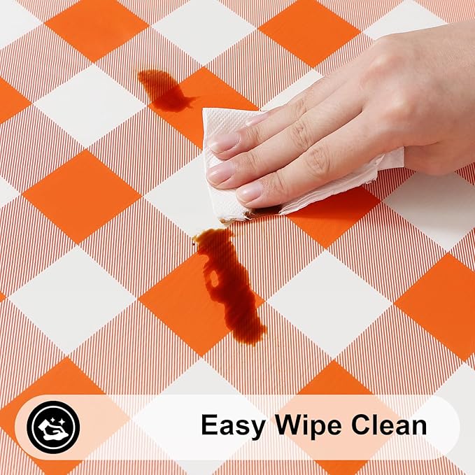 Smiry Rectangle Picnic Table Cloth, Elastic Waterproof Fitted Vinyl Tablecloths, Flannel Backed Buffalo Plaid Table Covers for Dining, Camping, Outdoor, Thanksgiving (White and Orange, 30" x 48")