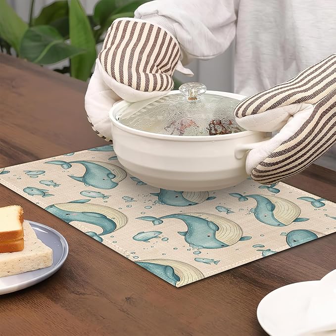 Placemats Set of 6,Cute Whale Table Mats,Sea Animal Washable Linen Table Mats,Non-Slip Heat Resistant Placemats for Party Kitchen Dining Indoor Outdoor 12"x18"