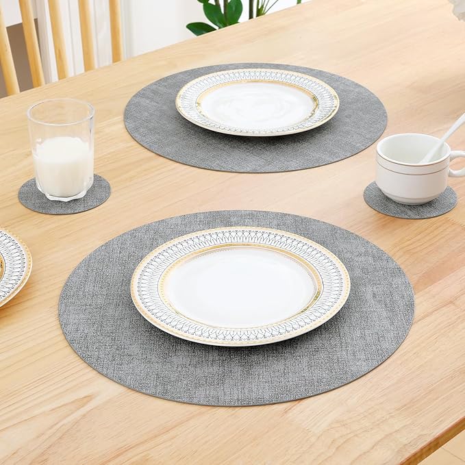Homaxy Round Faux Leather Placemats and Coasters, Washable Dual-Side Table Mats, Wipeable Heat-Resistant Dining Place Mats for Outdoor and Indoor, Set of 8, Diameter 13 and 3.93 inch, Light Grey