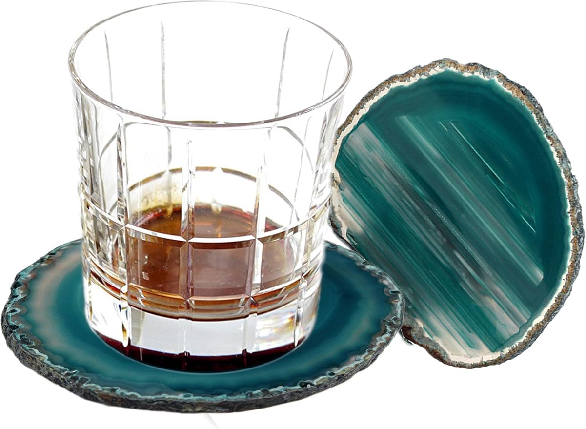 AMOYSTONE Teal Agate Coasters Set of 4, 3.5-4 Inch Large Stone Coasters, Heat Resistant & Non-Porous, Luxury Drink Accessories for Entertaining, Dinner Party Decor
