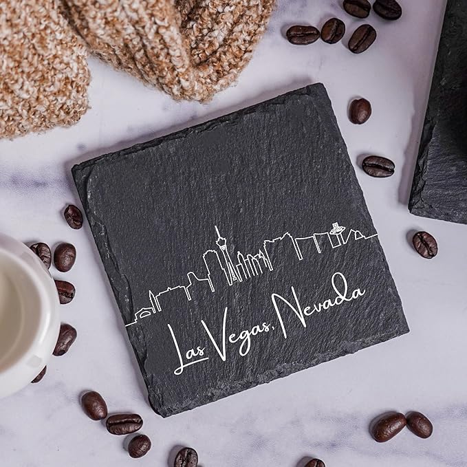 Blue Ridge Mountain Gifts - Las Vegas NV Skyline Coasters, Set of 4 - Las Vegas Nevada Souvenir, Slate Coasters with Minimalist Skyline, Housewarming Gift for Friends, Family, & Neighbors