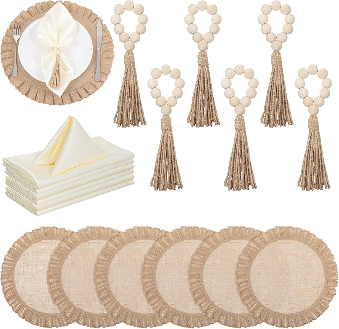 18 Pcs Round Natural Burlap Placemats, Wooden Bead Napkin Rings with Cloth Dinner Napkins, Heat Resistant Jute Placemat Set Boho for Wedding Dining Table Decor