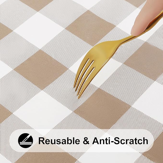 Smiry Rectangle Picnic Table Cloth, Elastic Waterproof Fitted Vinyl Tablecloths, Flannel Backed Buffalo Plaid Table Covers for Dining, Camping, Outdoor (White and Khaki, 30" x 96")