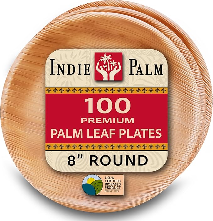 Indie Palm Disposable Palm Leaf Plates – 100 Pack 8 Inch Round – Heavy Duty, 100% Compostable & Biodegradable – Eco-Friendly Alternative to Plastic & Bamboo – Perfect for Parties & Events
