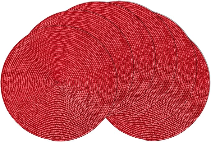 AHHFSMEI Round Braided Placemats 15 Inch Round Table Mats for Dining Tables Natural Woven Heat Resistant Place mats Set of 6(red)