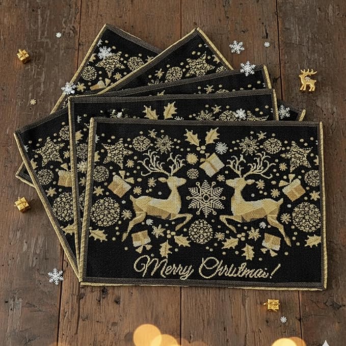 DaDa Bedding Set of 4-Pieces Magical Golden Reindeer Tapestry Placemats - Starry Winter Snowflake Festive Merry Christmas Holiday Yellow & Black - Needle Stitched Woven Table Mats - 13” x 19”