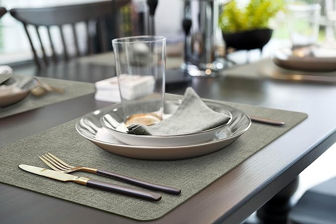 More Décor Faux Leather Placemats Set of 6 for Dining Table – Waterproof, Wipeable, Washable, Stain & Heat Resistant, Non-Slip Table Mats – 12 X 17 Inch, Light Grey
