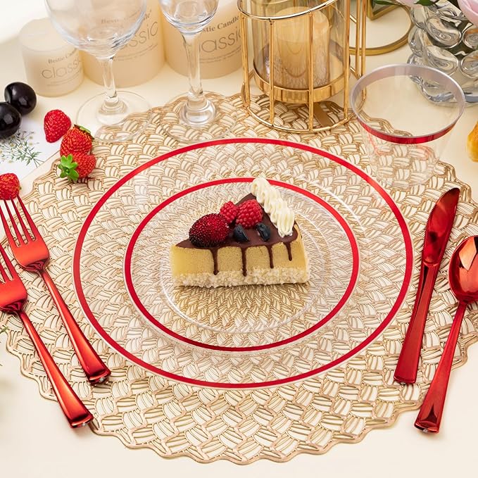 BESTSTAR 200PCS Red and Clear Plastic Plates, Disposable Plate Set with 100 Dinner Plate and 100 Dessert Plates for Party, Christmas, Valentine's Day