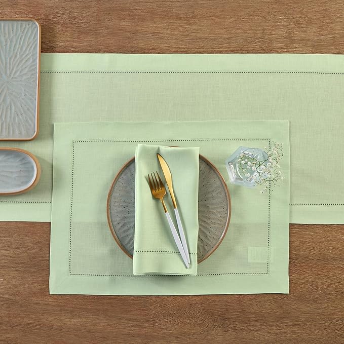 Solino Home Linen Light Green Hemstitch Table Runner 48 Inches - 100% Pure Linen Small Table Runner 14 x 48 Inch for Dresser and Coffee Tables, Spring, St Patricks Day, Easter - Classic Hemstitch