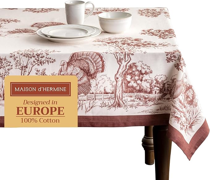 Maison d' Hermine Table Cloth Rectangle Table 100% Cotton 70 x 90 Inches Fall Tablecloth Reusable Everyday Use for Thanksgiving Christmas Decorations Dining Farmhouse Party (Holy Jouy - Brown)