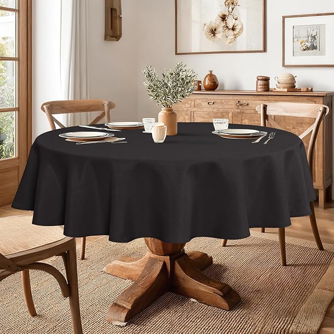 JIUZHEN Round Tablecloth Linen Textured Wrinkle Stain Resistant Farmhouse Table Cloth Decorative Fabric for Kitchen, Dining, Party, Wedding,Outdoor Use,108 Inch Round,Black