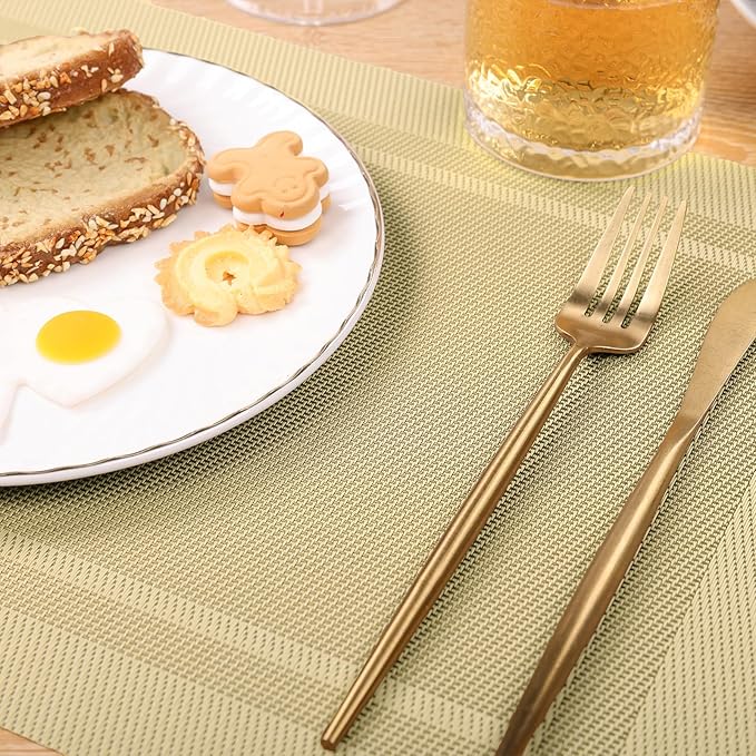 SHACOS Woven Plastic Placemats Set of 4 Wipe Clean Heat Resistant Place Mats for Dining Table PVC Weave Table Mats Indoor Outdoor (4, Frame Beige)