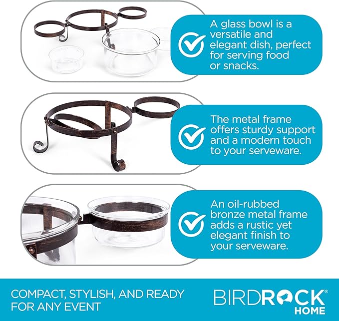 BIRDROCK HOME Chip and Dip Serving Bowl Set - Triple Glass Bowls with Metal Frame - for Party Appetizers, Taco Platter, Durable, Stylish Serveware with Compact Storage - Clear Glass, Black Frame