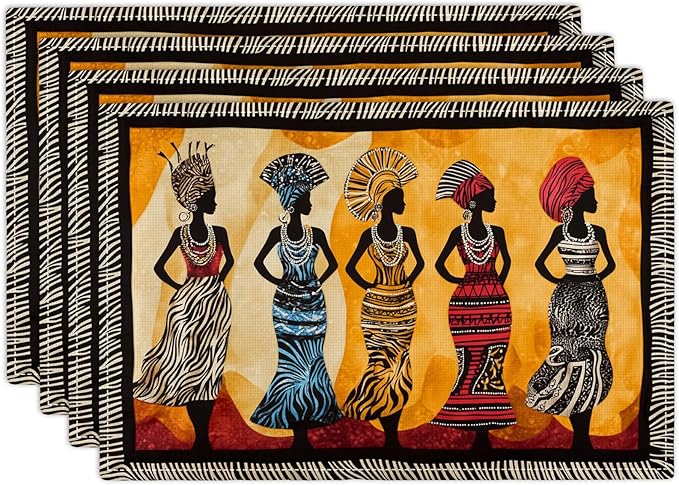 Kwanzaa Placemats Set of 4, African American Christmas Table Mats, Black Women Washable Place Mats for Coffee Bar Home Party Indoor Kitchen Dining Table Decoration 12x18 Inch