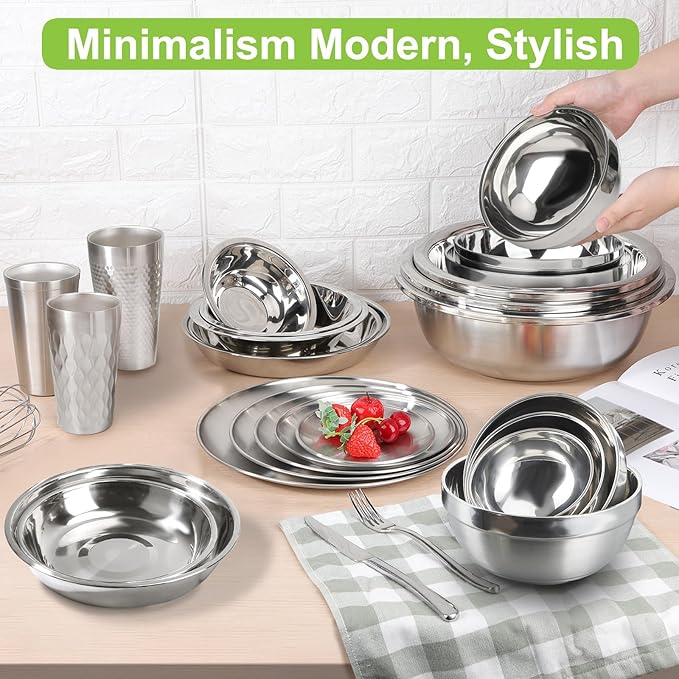 Stainless Steel Bowls, 6 Pack 7.8in 64.2oz 1900ml Large SUS304 Double Wall Insulated Stackable Metal Hot Soup Bowl Containers for Dishes Serving Cereal Snacks Ice Cream Food Rice Salad