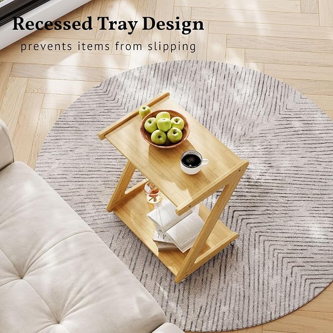 ZIYOO Z-Shaped End Table with Wheels, Natural Bamboo Couch Side Table That Slides Under Sofa/Bed, Mobile Snack Table for Living Room, Bedroom, Small Spaces