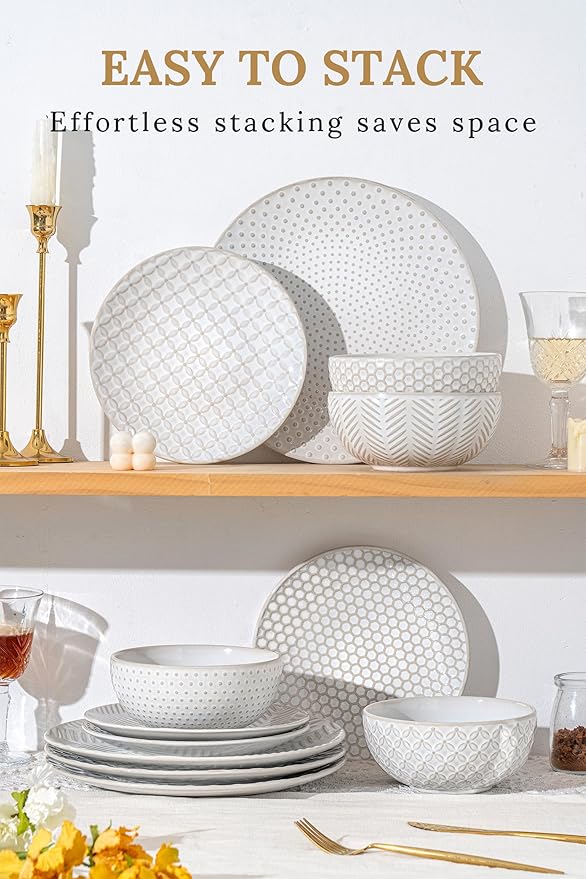 18 Piece Embossed Dinnerware Sets for 6, Scratch-Resistant Plates and Bowls Sets, Microwave & Dishwasher Safe, Elegant Stoneware for Family Gatherings – A Gift for Growing Households