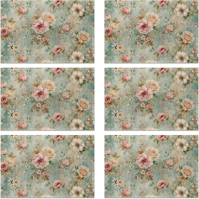 Pink Flowers Leaves Placemats Set of 6, Linen Washable for Christmas, Thanksgiving, Party, and Daily Dining, Decorative Table Mats for 4-6 Person Table