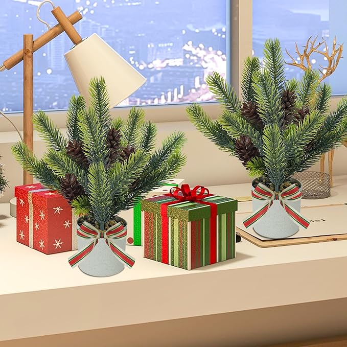 4PCS Christmas Potted Plant, Tabletop Small Christmas Tree with Pine Cones Fake Plants Christmas Greenery for Table Centerpeice Home Office Bathroom Farmhouse Decoration