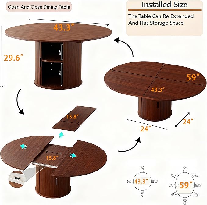 Extendable Round/Oval Dining Table Seats 2-4-6, 59" Modern Farmhouse Design with 2-Tier Storage & Fluted Slide Door, Dining Room Kitchen Furniture (Walnut, 59 inches)