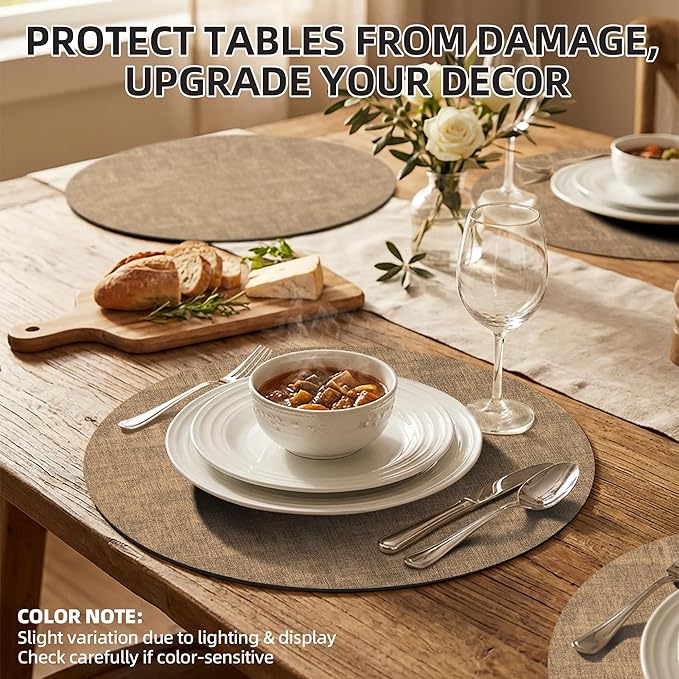 15 inch Faux Leather Round Placemats Set of 4 Non-Slip Washable Wipeable Table Mats, Heat Resistant Waterproof Oilproof Brown Place Mats for Kitchen, Dining, Party, Indoor, Outdoor