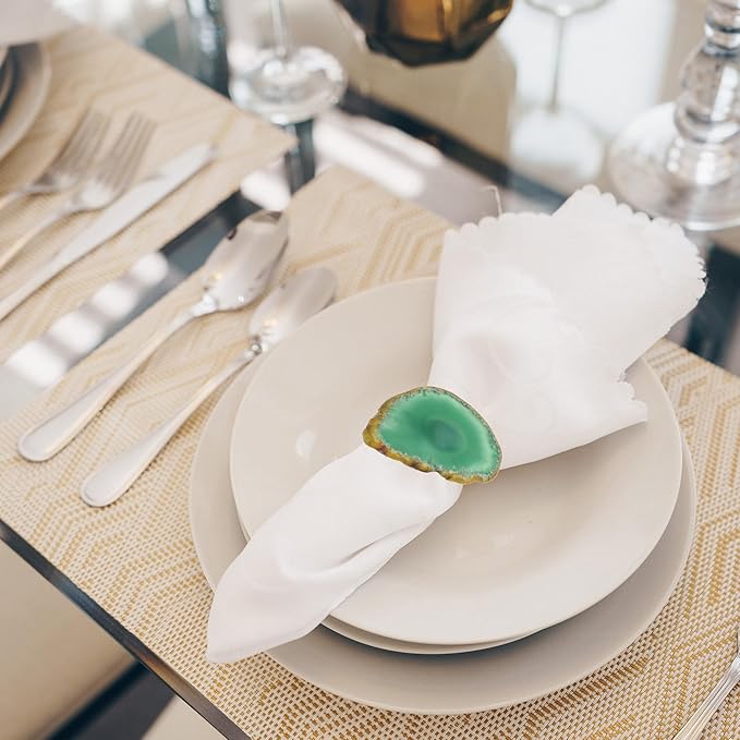 CozyTower Agate Napkin Rings Set of 4, Gold Napkin Holders for Cloth Napkins, Unique Wedding Decorations Napkin Ring Kitchen Accessories for Dinner Party (Green Agate)