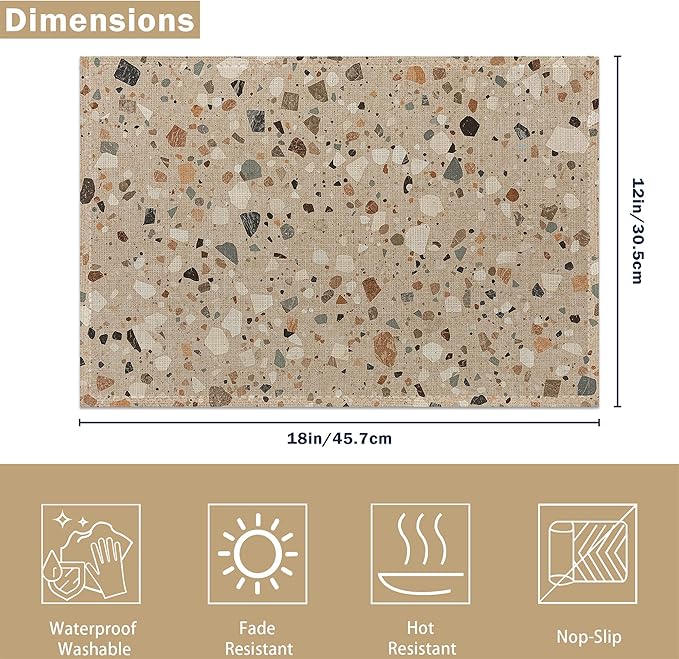 Placemats, Terrazzo Granito Pattern Placemats 12x18 Inch Waterproof Non-Slip Washable Table Mats for Kitchen Dining Party Table Decor,Set of 6