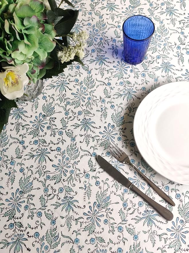 ATOSII Aster Blue 100% Cotton Rectangle Boho Fall Tablecloth, Handblock Floral Table Cloth Linen for Kitchen Dining I Parties Wedding Outdoors Christmas Thanksgiving I Fall Home Decor 60 X 90 Inches