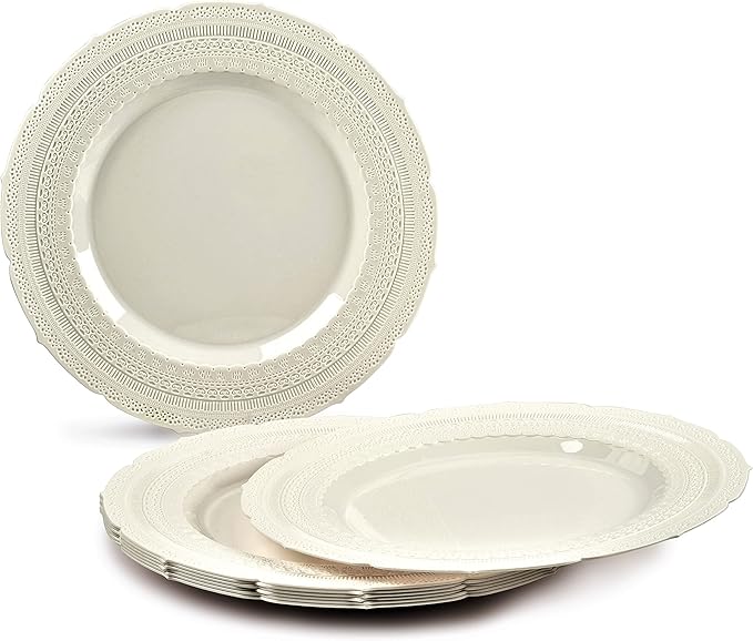 OCCASIONS 80 Plates Pack (40 Guests), Heavy Duty Fancy Ivory Plastic Wedding Plates, 40x11" Dinner + 40x8.25" Salad/Dessert, Disposable Reusable Elegant Vintage (Chateau Ivory)
