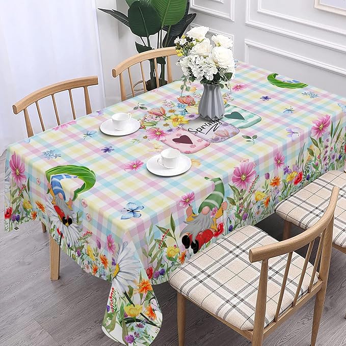 Spring Tablecloth Round, 70 Inch Gnome Flowers Buffalo Check Plaid Kitchen Table Cover for Dining Room Indoor Decor
