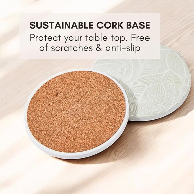 Ceramic Absorbent Coasters Set of 6 with Holder, Marble Drink Coasters for Coffee Table, Water-Absorbing Stone Coasters (Green Leaf Design)
