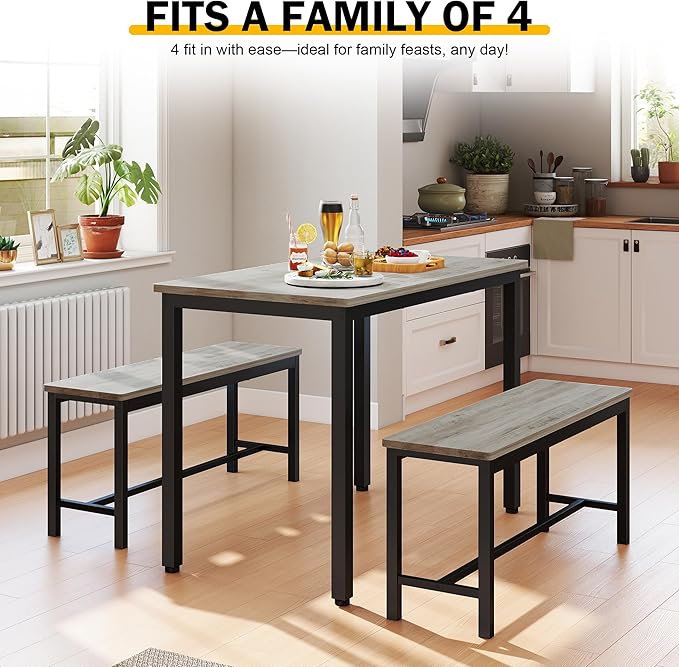 Sturdy Durable Dining Table Set for 4 with Bench, Easy to Assemble Kitchen Table with Bench, Space-Saving Ideal 4-Person Set for Daily Meals, brunches, or workspace,Grey
