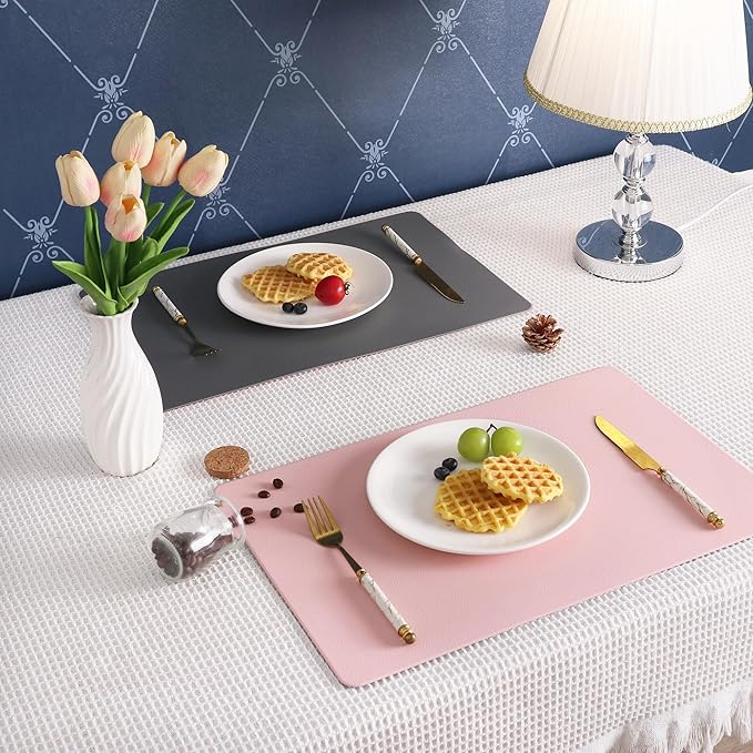 Faux Leather Placemats HeloHo Pink and Grey Table Place Mats Set of 6 Waterproof Oilproof Heat Stain Resistant Washable Wipeable Placemat for Kitchen Dining Table Decoration Indoor Outdoor