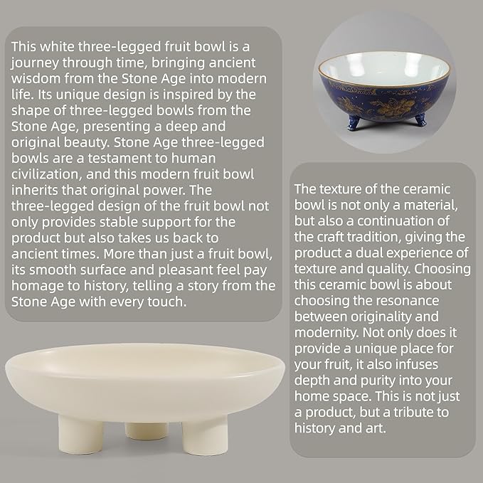 Fruit Bowl Three-Legs Ceramic Fruit Bowl for Kitchen Counter, 12 Inch Fruit Basket Decorative Candy Bowl for Table Décor, Oval Large Bowls Key Bowl Home Table Décor (Crème 12 Inch)