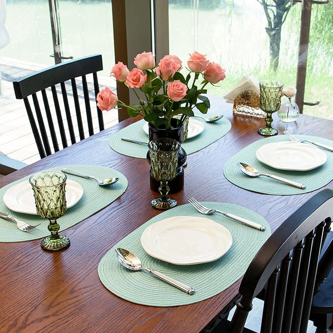 Noctiflorous Oval Braided Placemats Set of 6 Woven 12x18 Inch Non Slip Washable Heat Resistant Place Mats Round Tablemats for Dining Kitchen Party Daily Table Decor Dinner Mats (Mint Green, 6)